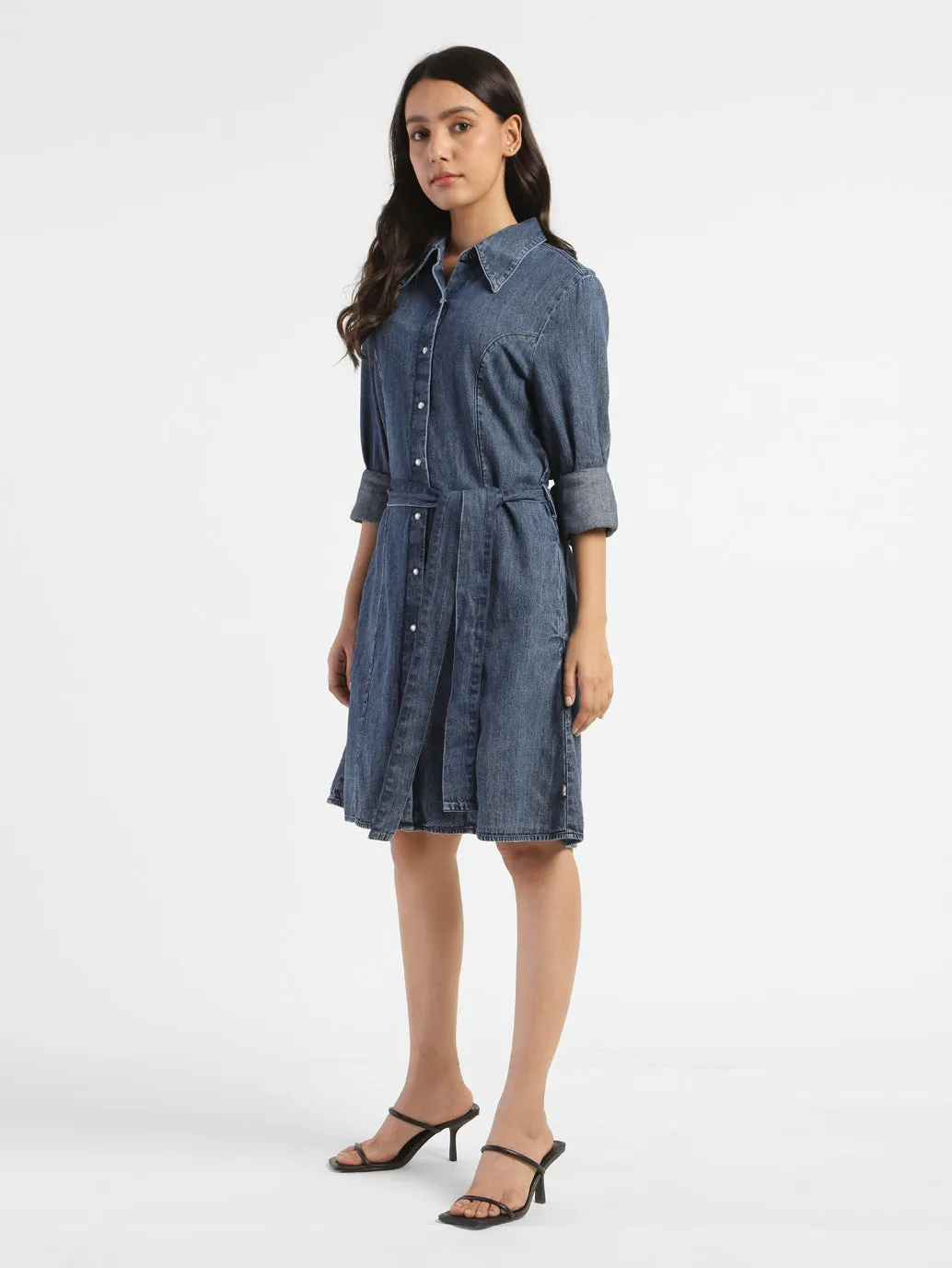 Women's Solid Mid Indigo Shirt Collar Dresses LEVI'S