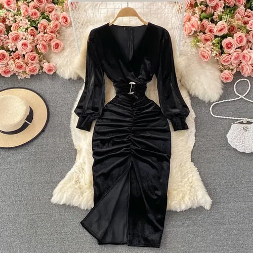 Women's Velvet Draped Midi Dress Anna Kay Co